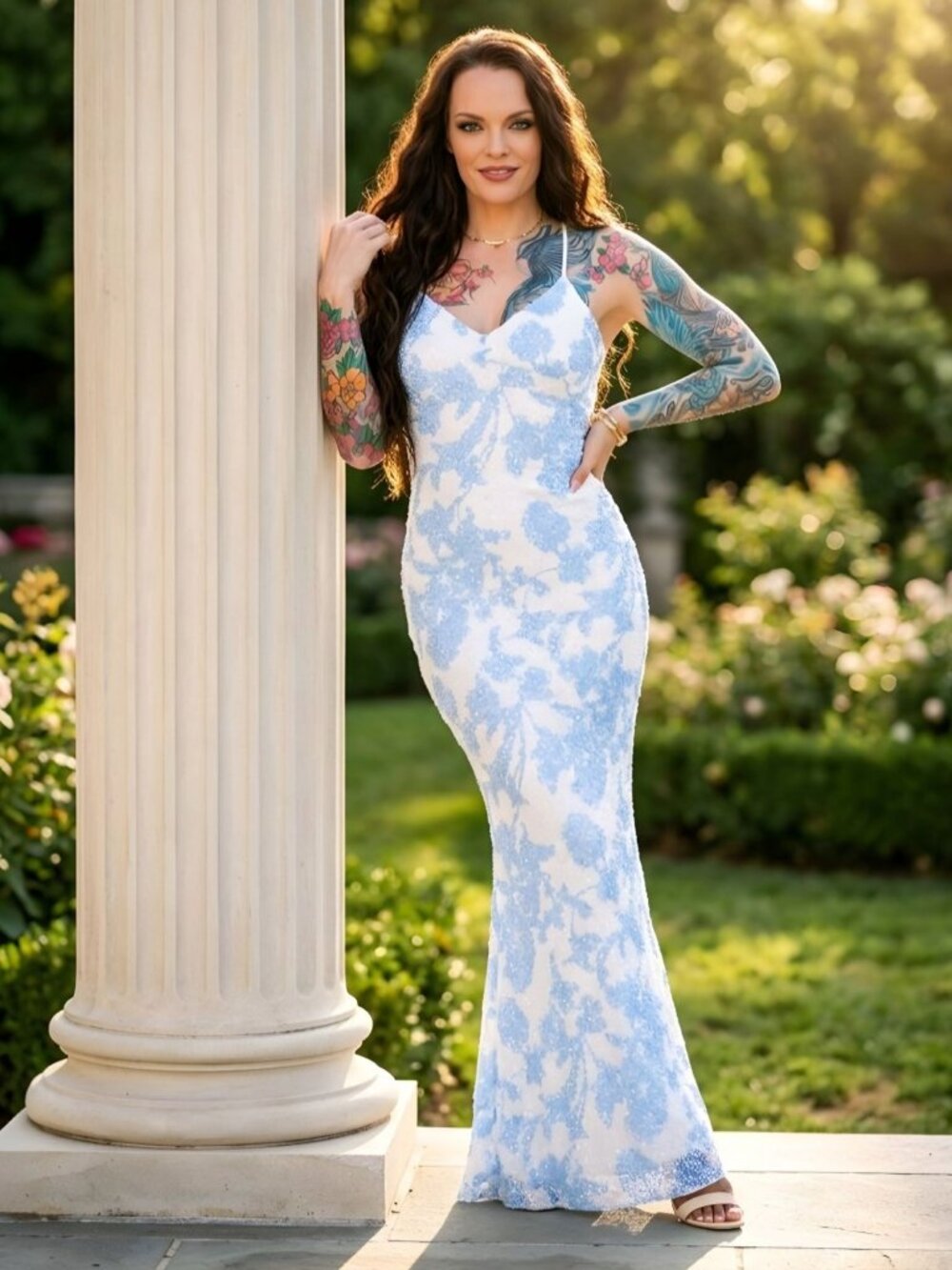 Windsor Luxe • Mesh Formal Dress + Beaded Sequin Floral V-neck Strappy Mermaid